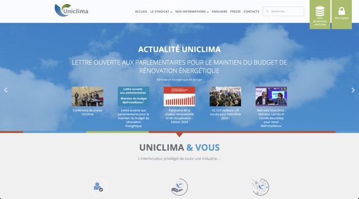 site web UNICLIMA, syndicat des industries Thermiques, Aérauliques et Frigorifiques