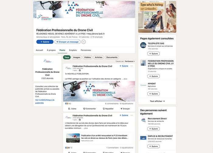 réseaux sociaux Linkedin Fédération Professionnel de Drone Civil sécurité électronique